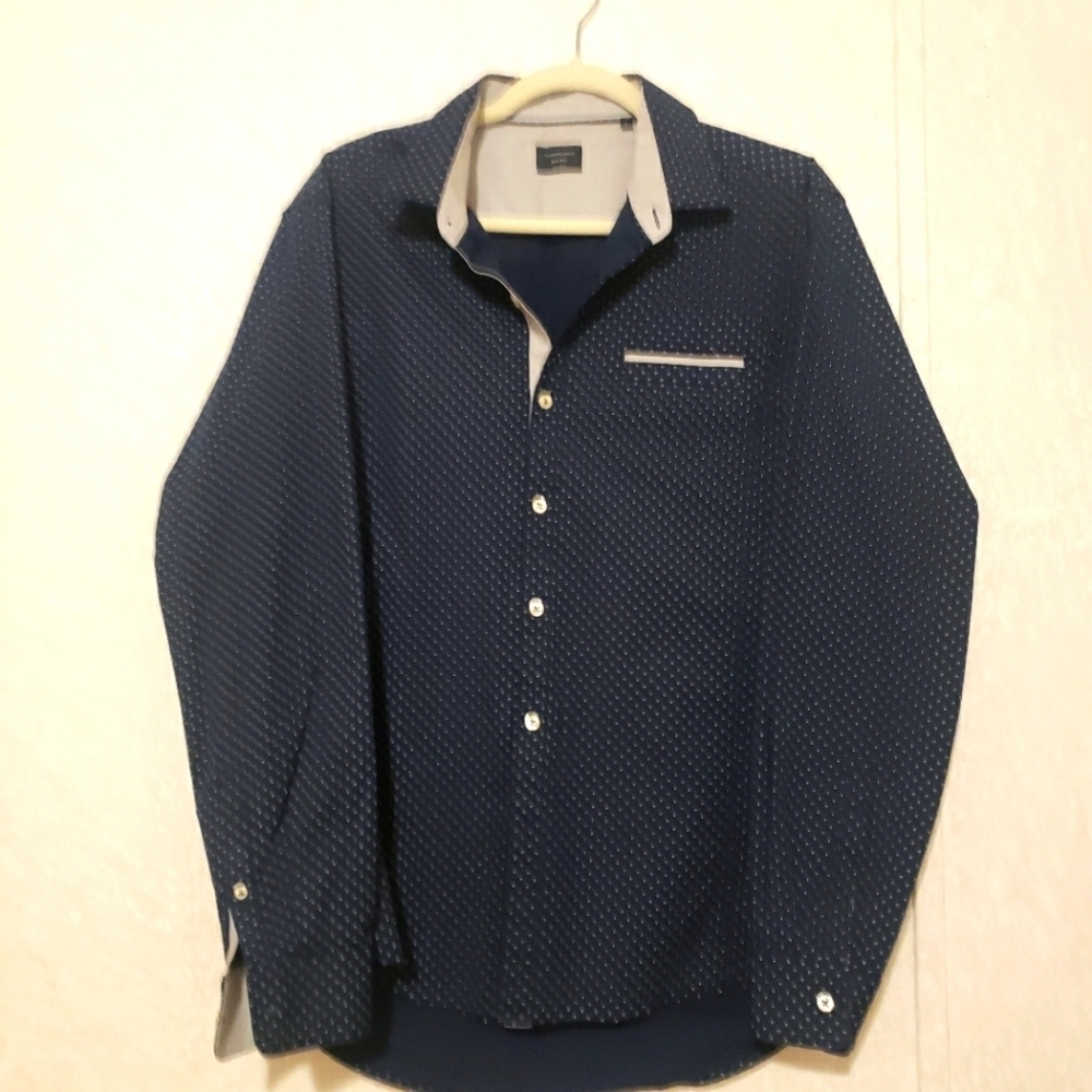 7 DIAMONDS ..NAVY BLUE...LONG SLEEVE BUTTON UP SHIRT...SIZE:L